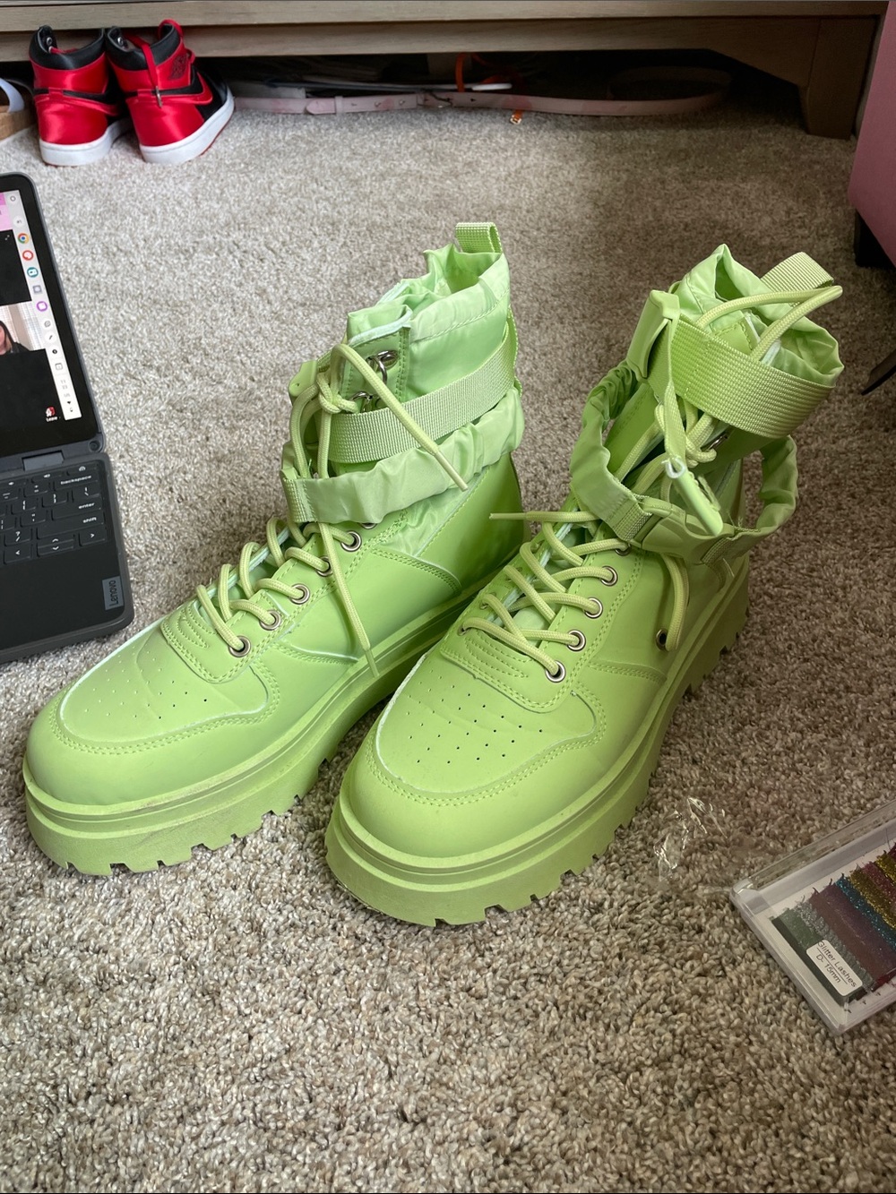 Women’s Neon Green Lace-Up Combat Boots
